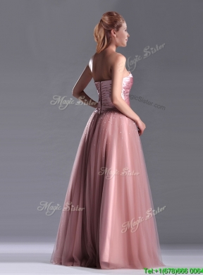 Elegant A Line Tulle Beaded Long Prom Dress in Peach