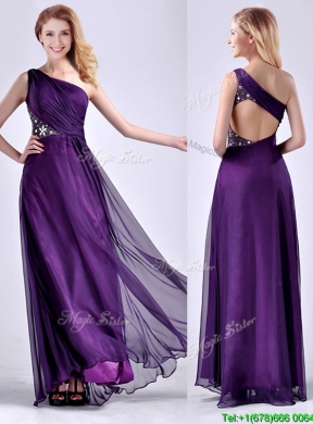 Elegant One Shoulder Criss Cross Purple Prom Dress with Beading