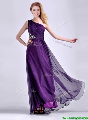 Elegant One Shoulder Criss Cross Purple Prom Dress with Beading