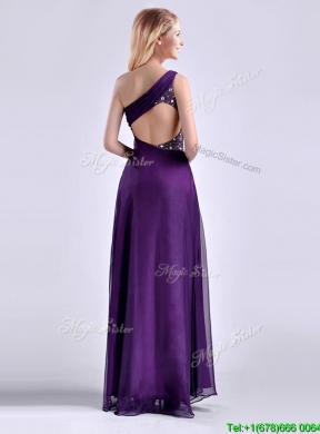 Elegant One Shoulder Criss Cross Purple Prom Dress with Beading