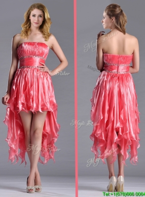 Elegant Strapless High Low Beaded Decorated Waist Prom Dress in Coral Red