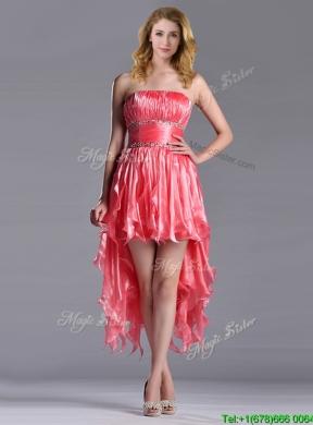 Elegant Strapless High Low Beaded Decorated Waist Prom Dress in Coral Red