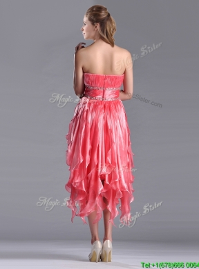 Elegant Strapless High Low Beaded Decorated Waist Prom Dress in Coral Red