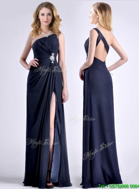 Exquisite One Shoulder Navy Blue Prom Dress with Beading and High Slit