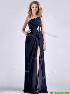 Exquisite One Shoulder Navy Blue Prom Dress with Beading and High Slit