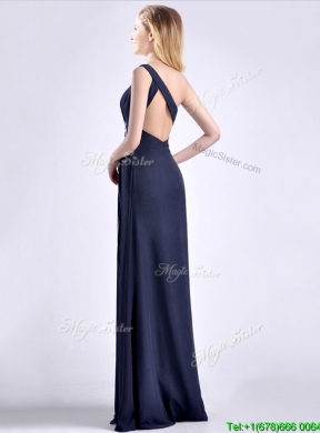 Exquisite One Shoulder Navy Blue Prom Dress with Beading and High Slit