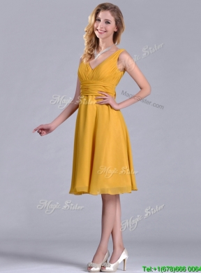 Latest Empire V Neck Ruched Gold Prom Dress in Chiffon