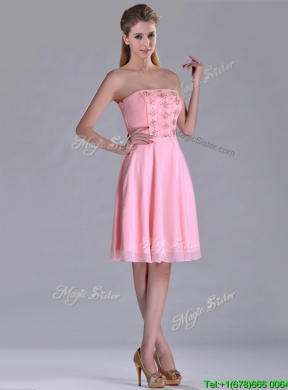 Latest Side Zipper Strapless Pink Short Prom Dress with Beaded Bodice