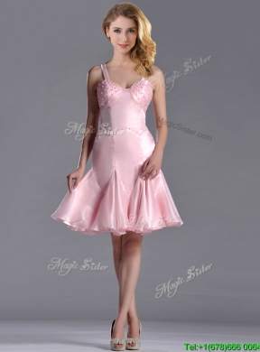 Lovely Beaded Bust Straps Short Dama Dress in Baby Pink
