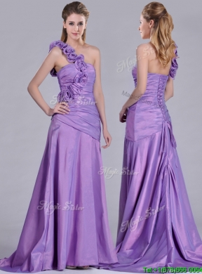 Lovely Brush Train Lilac Prom Dress with Hand Made Flowers Decorated One Shoulder