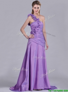 Lovely Brush Train Lilac Prom Dress with Hand Made Flowers Decorated One Shoulder