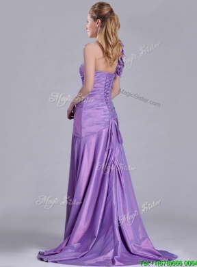 Lovely Brush Train Lilac Prom Dress with Hand Made Flowers Decorated One Shoulder