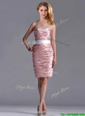 Lovely Column Peach Prom Dress with Ruching and White Belt