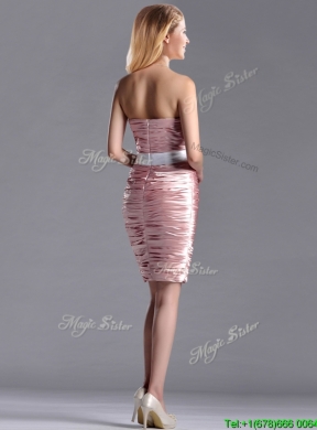 Lovely Column Peach Prom Dress with Ruching and White Belt