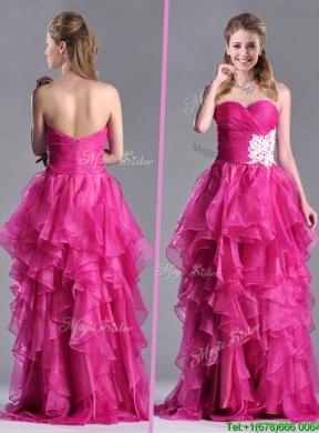 Modern Brush Train Fuchsia Prom Dress with Appliques and Ruffles