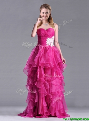 Modern Brush Train Fuchsia Prom Dress with Appliques and Ruffles