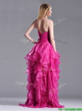 Modern Brush Train Fuchsia Prom Dress with Appliques and Ruffles