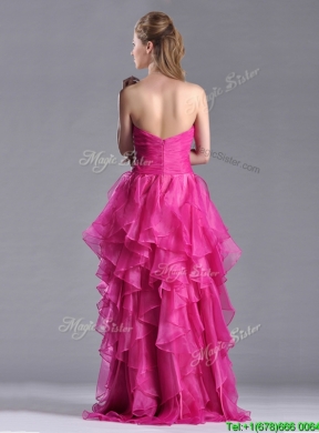 Modern Brush Train Fuchsia Prom Dress with Appliques and Ruffles