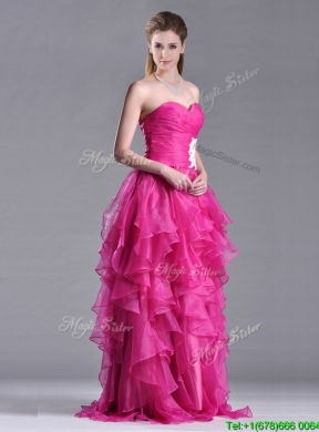 Modern Brush Train Fuchsia Prom Dress with Appliques and Ruffles