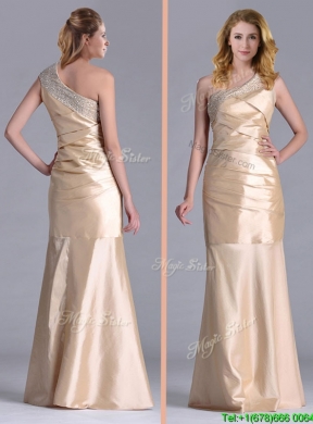 New Column Beaded Decorated One Shoulder Prom Dress in Champagne