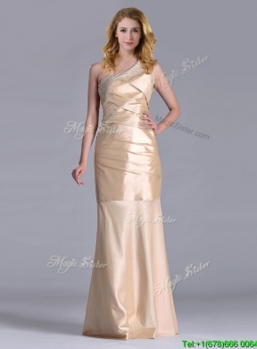 New Column Beaded Decorated One Shoulder Prom Dress in Champagne