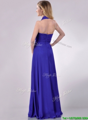 New Style Halter Top Zipper Up Long Prom Dress in Blue