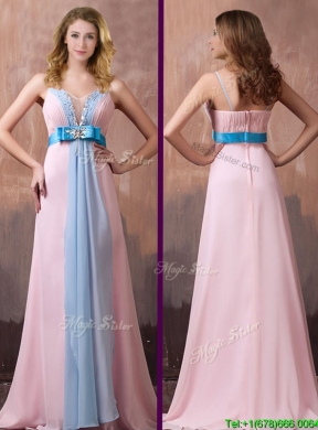 New Style Spaghetti Straps Beaded and Bowknot Prom Dress with Brush Train