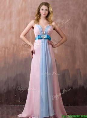 New Style Spaghetti Straps Beaded and Bowknot Prom Dress with Brush Train