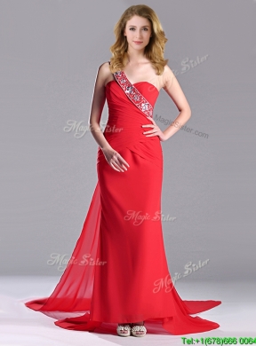 Pretty Column One Shoulder Watteau Train Chiffon Coral Red Prom Dress with Beaded