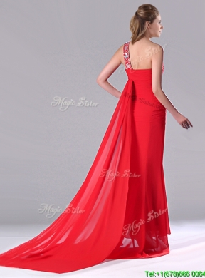 Pretty Column One Shoulder Watteau Train Chiffon Coral Red Prom Dress with Beaded