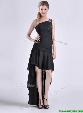 Romantic High Low One Shoulder Black Prom Dress with Criss Cross