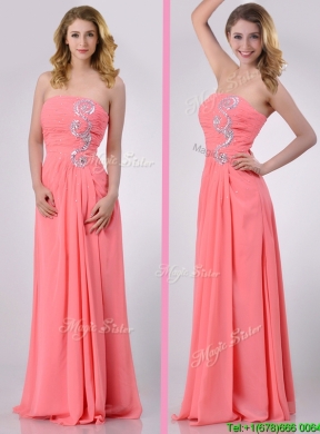 Watermelon Empire Strapless Chiffon Beading Long Prom Dress for Graduation