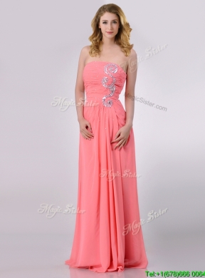 Watermelon Empire Strapless Chiffon Beading Long Prom Dress for Graduation