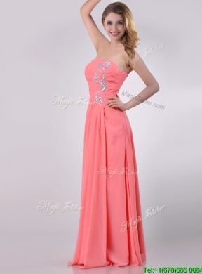 Watermelon Empire Strapless Chiffon Beading Long Prom Dress for Graduation