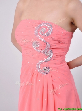 Watermelon Empire Strapless Chiffon Beading Long Prom Dress for Graduation