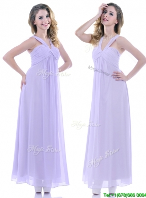 Wonderful Ruched Decorated Bust Ankle Length Dama Dress in Lavender