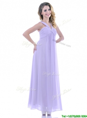 Wonderful Ruched Decorated Bust Ankle Length Dama Dress in Lavender