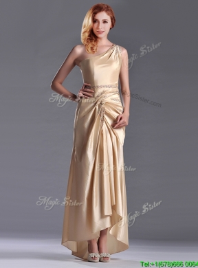 Champagne Ankle-length Beaded Side Zipper Prom Dress with One Shoulde