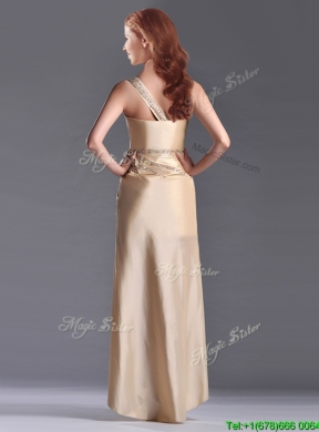Champagne Ankle-length Beaded Side Zipper Prom Dress with One Shoulde