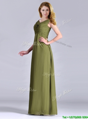Discount Empire V Neck Chiffon Olive Green Vintage Mother  Dress with Ruching