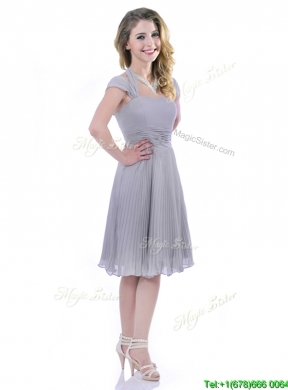 Elegant Cap Sleeves Tea Length Grey Vintage Mother Dress with Pleats