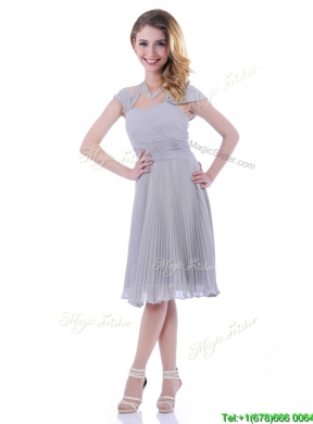 Elegant Cap Sleeves Tea Length Grey Vintage Mother Dress with Pleats