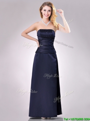 Fashionable Strapless Beaded Bust Long Vintage Mother Dress in Navy Blue