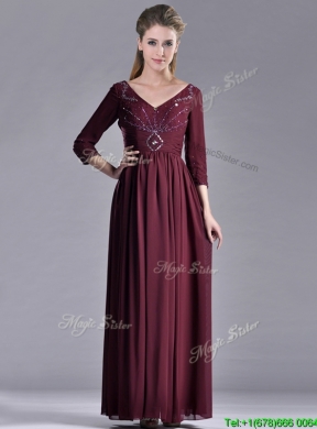 Latest Beaded V Neck Burgundy Vintage Mother  Dress with Three Fourth Length Sleeves