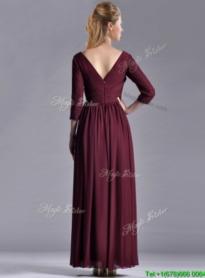 Latest Beaded V Neck Burgundy Vintage Mother  Dress with Three Fourth Length Sleeves