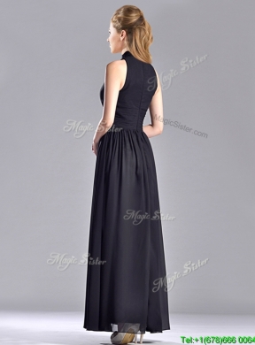 Latest Empire Ankle Length Chiffon Black Mother Dress with High Neck