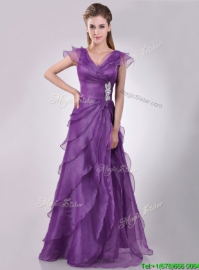 Low Price V Neck Eggplant Purple Vintage Mother Dress with Beading and Ruffles