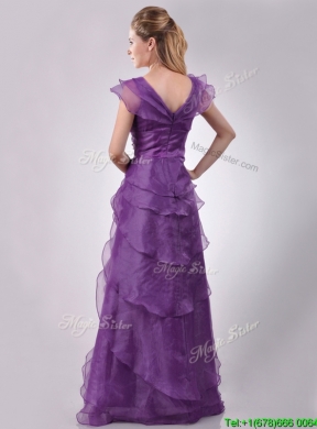 Low Price V Neck Eggplant Purple Vintage Mother Dress with Beading and Ruffles