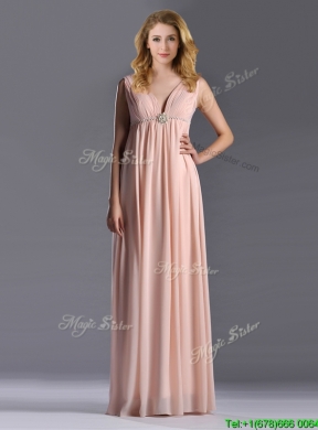 Simple Empire Chiffon Ruching Long Pink Vintage Mother Dress with V Neck