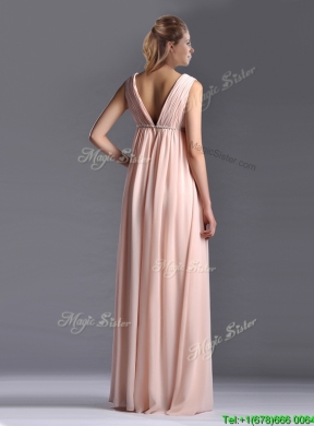 Simple Empire Chiffon Ruching Long Pink Vintage Mother Dress with V Neck